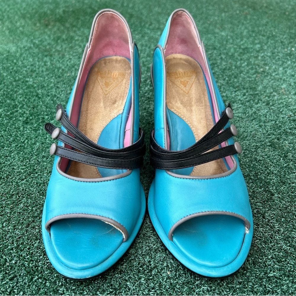 John Fluevog Vintage Miss April Peep Toe Wedge Heel Leather Turquoise Black 7 - Picture 5 of 13